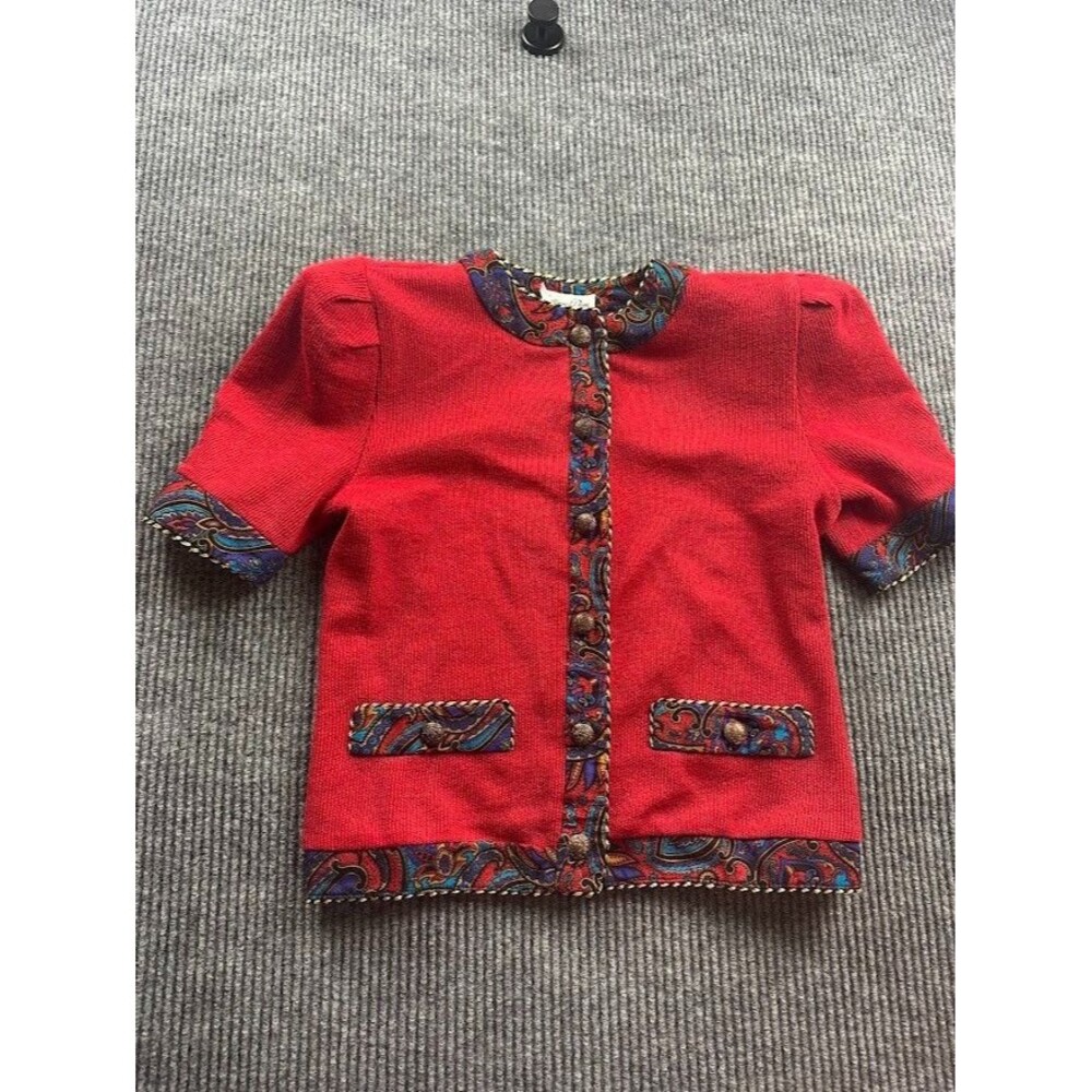 Vintage 80s Jeffrey & Dara Red Short Sleeve Cardigan Paisley Trim Size 4